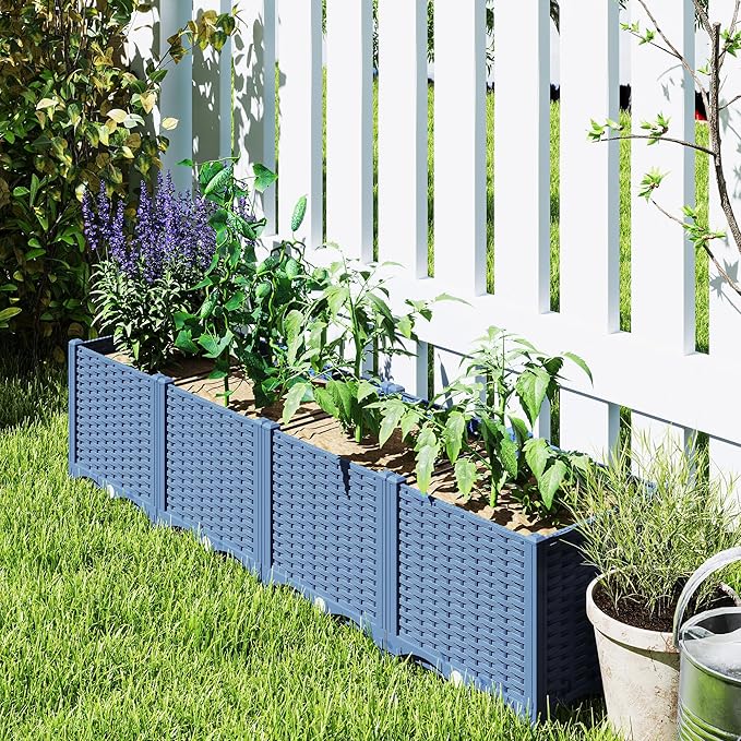 Outsunny 5 x 1 x 1 ft Raised Garden Bed Indoor Outdoor Plastic Planter Box with Drainage Holes Drain Plugs and Water Reservoirs for Vegetables Herbs Flowers &amp Succulents Blue