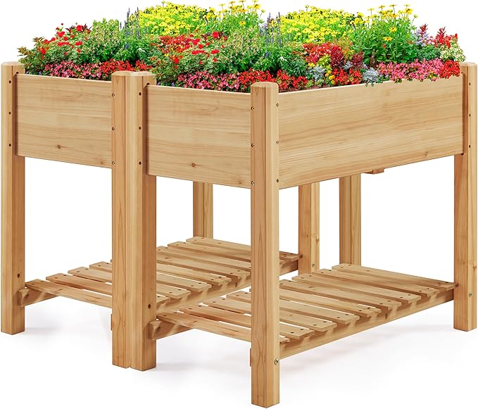 Yaheetech 34x18x30in Horticulture Raised Garden Bed 2pcs Planter Box with Legs &amp Storage Shelf Wooden Elevated Vegetable Growing Bed for Flowers Backyard Patio Balcony Light Brown