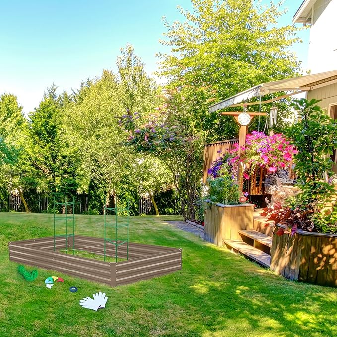 ONCEMORE Galvanized Raised Garden Bed for Vegetables Flowers Herbs Metal Raised Garden Bed Kit with 2 PCS Tomato Cage Gloves Trellis Netting Plant Labels Plant Ties Brown 6×3×1FT