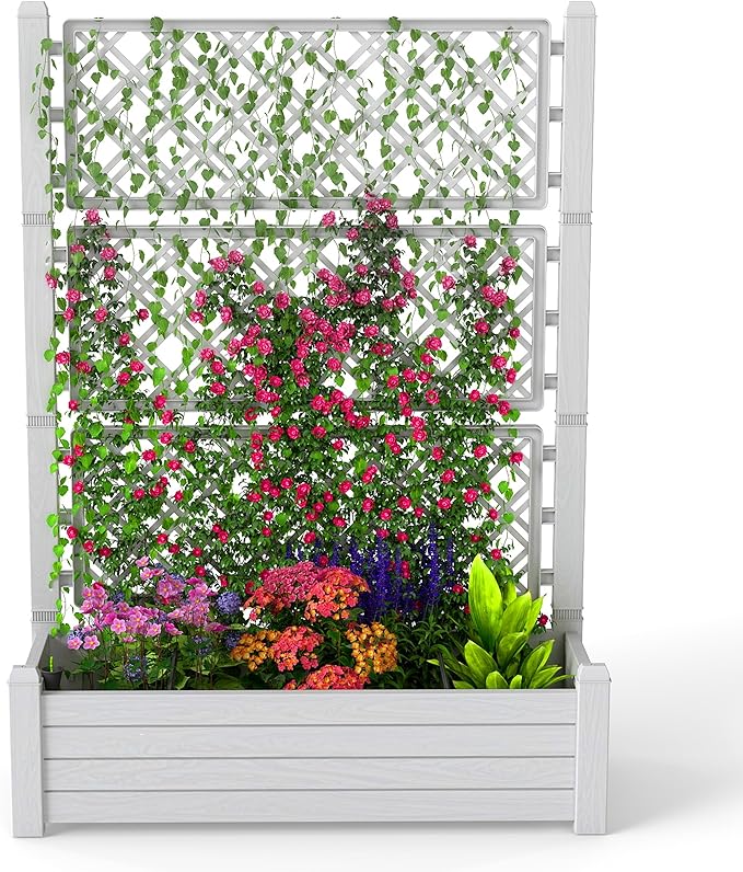 EasyUp Raised Garden Bed with Trellis for Climbing Plants Outdoor Herb Planter Box with Drainage Plug &amp Water Gauge Durable Resin for Patio Balcony Yard Dust-Proof Garden Planter