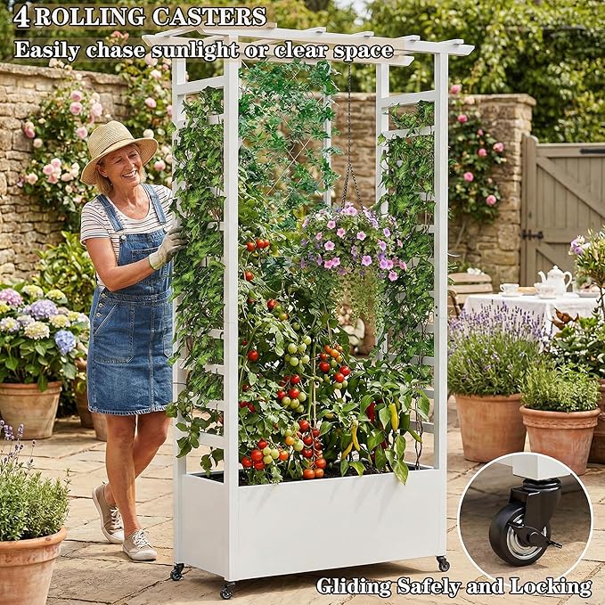 74 Mobile Planter with TrellisWeatherproof Vertical Raise Garden Bed with Trellis &amp Hanging Roof for Climbing PlantsFlowersVegetablesRust-Proof Metal Privacy Planter for Patio (White-A)