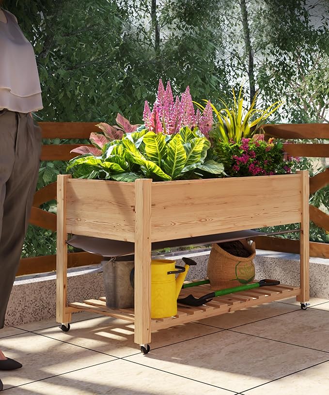 GarveeHome Raised Garden Bed 48x24x32 in Mobile Elevated Wood Planter Raised Beds w/Lockable Wheels Storage Shelf and Protective Liner for Indoor/Outdoor GardeningNatural