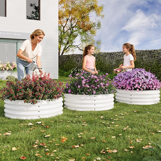 Round Raised Garden Bed 3PCS 2 x 1ft Galvanized Raised Boxes with Rust-Resistant Easy Assembly Safe Edge Metal Garden Bed Kit for Planting Vegetables Fruits Flowers White
