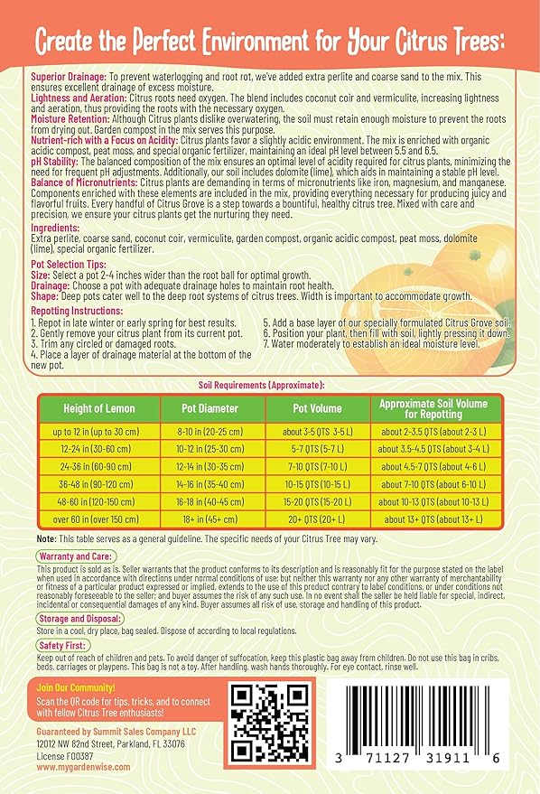 Premium Organic Citrus Potting Soil for Indoor/Outdoor Plants - Perfect for Oranges Lemons Limes &amp Grapefruits Trees - Hand Blended for Optimal Growth (4 QUARTS)