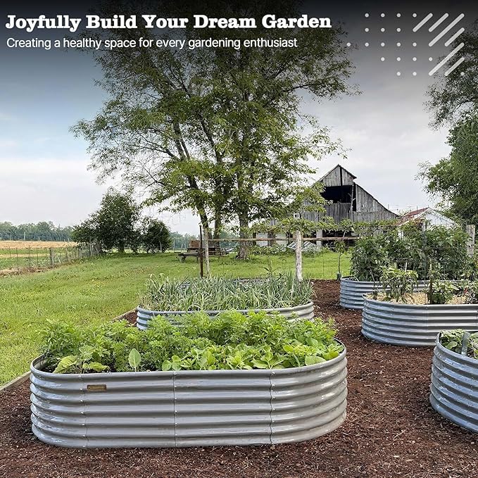 A ANLEOLIFE 6X3X2 ft Galvanized Raised Garden Beds Outdoor Oval Large Metal Deep Root Planter Box for Planting Vegetables Flowers Herb Anti-Rust &amp Easy-Setup Quartz Grey