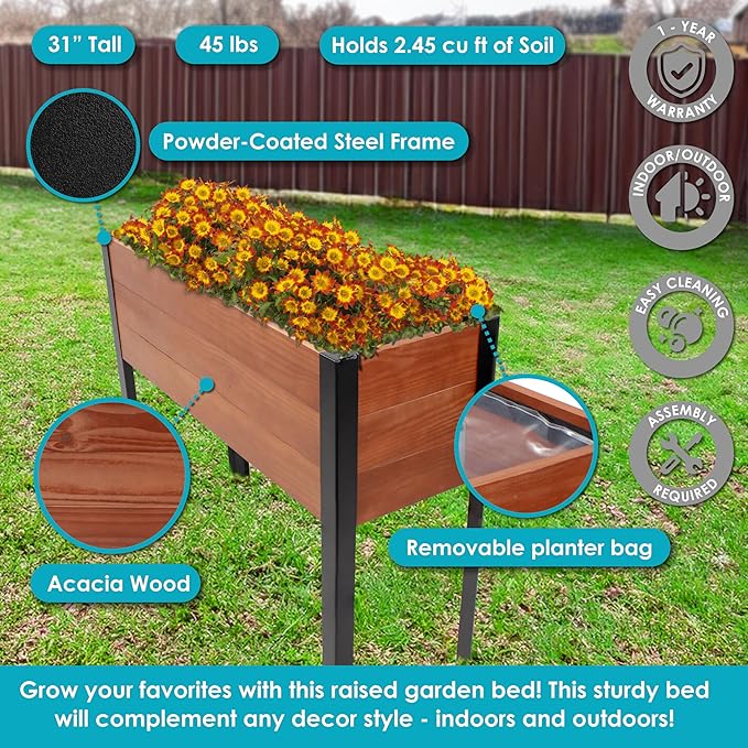Sunnydaze Acacia Wood Raised Garden Bed with Legs - 31-Inch H - Powder-Coated Steel Frame - Removable Planter Bag - Brown