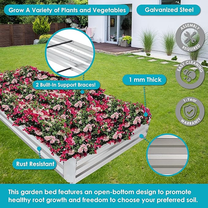 Sunnydaze Galvanized Steel Rectangular Raised Garden Bed - for Flowers Plants and Vegetables - Silver - 4 x 8 ft
