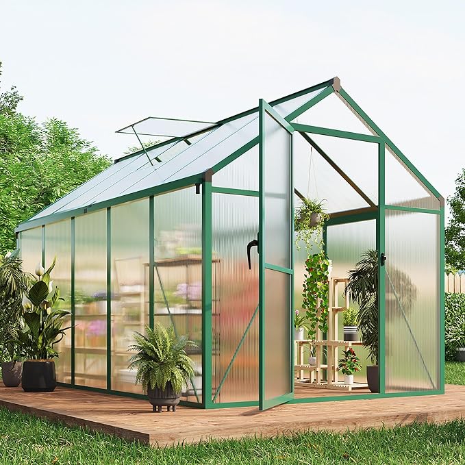 6x10 FT Greenhouse Greenhouses for Outside Polycarbonate Greenhouse with Aluminum Frame Lockable Door and Ajustable Roof Vent for Backyard Green Houses for Outside Garden Backyard Patio