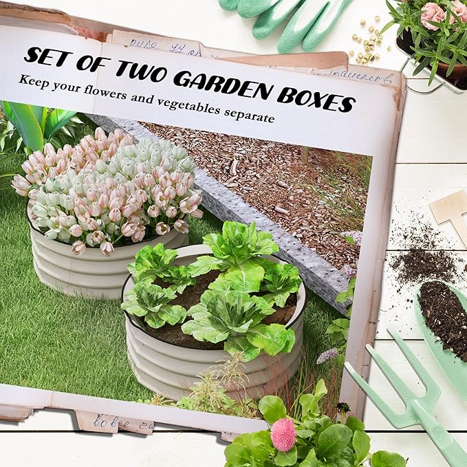 Galvanized Steel Raised Garden Beds - Set of 2 with Safety Edge for Growing Flowers Herbs &amp Vegetables Waterproof Cream White Planters