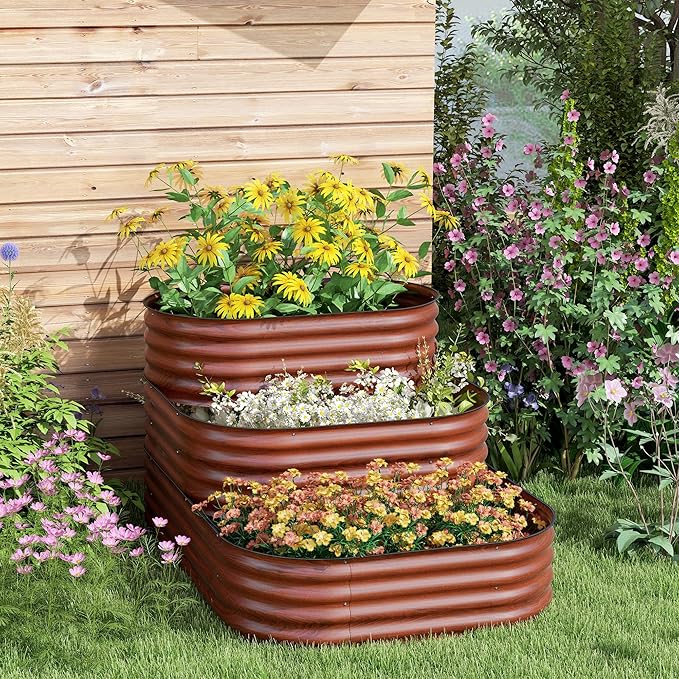 3-Tier Galvanized Steel Raised Garden Bed Kit 62.25 x 43 x 32.25 3 Combining Planter Boxes with Rubber Strip Edging Open Bottom for Backyard Garden Patio Brown