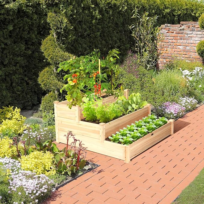 ORALNER 3-Tier Raised Garden Bed Wooden Elevated Flower Bed Planter Box Kit Outdoor Growing Planter Raised Beds for Gardening Vegetables Fruits Herbs 49 L x 49 W x 22 H Natural Brown