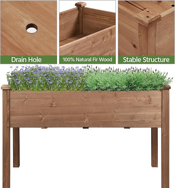 Topeakmart Wooden Garden Planter Boxes 48 X 23 X 30in Elevated Raised Garden Bed Outdoor with Legs Wooden Gardening Box for Flower/Vegetable/Herb/Tomato/Backyard/Patio 1pc