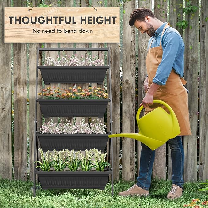 Raised Garden Bed 4 Tier Vertical GPlanter Set 4 Outdoor Planter Boxes with Stand Self Draining Design Elevated Gfor Vegetable Flowers Herbs Black