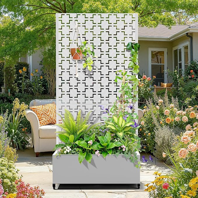 Metal Raised Garden Bed with Trellis 2-in-1 Planter Box &amp Privacy Screen for Climbing Plants Outdoor Standing Flower Bed with Drainage Holes 35.4 L x 15.7 W x 70.1 H White-Square