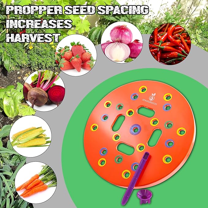 Round Seed Planting Template – Patented Color-Coded Garden Spacing Tool Kit with Seed &amp Seedling Spacer Dibber with Seed Spoon &amp Laminated Vegetable Growing Guide