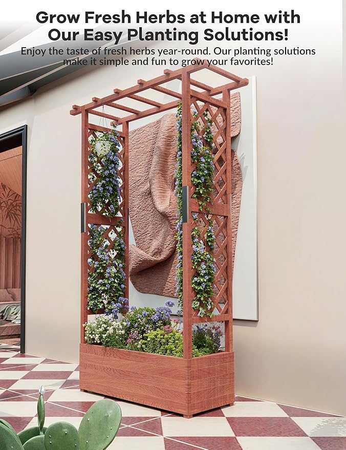 Raised Garden Bed with Trellis Wood Planter Box with Hanging Roof Side Trellis &amp Drainage Freestanding Garden Planter for Climbing Plants Vegetables Flowers