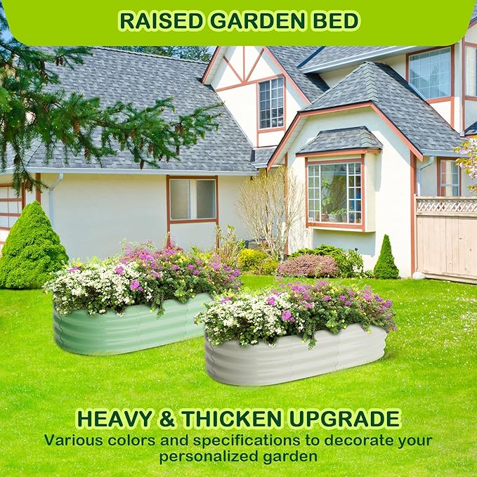 2 Pcs Oval Raised Garden Bed 4.5 * 2 * 1.5FT Galvanized Metal Planter Boxes with Open Base for Gardening Raised Bed Planter for Vegetables Flowers Olive Green