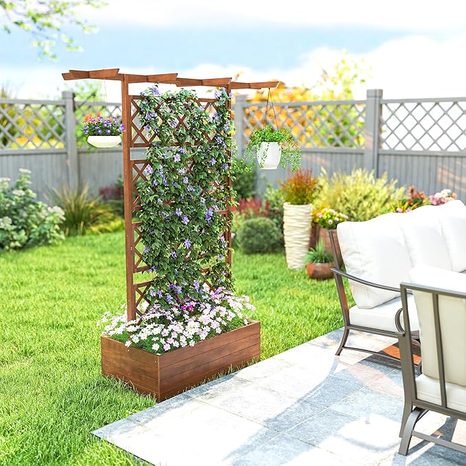 Outsunny Wood Planter Box with Trellis Raised Garden Bed Privacy Screen Planter Box for Climbing Plants Vines Vegetables Flowers 63 x 21.75 x 72