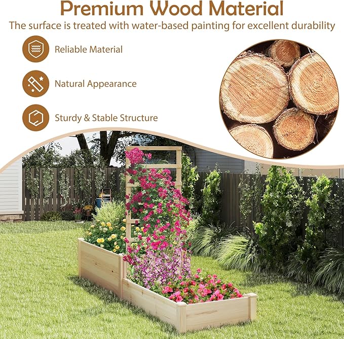 Giantex Wooden Raised Garden Bed with Trellis &amp 2 Planter Boxes Raised Bed for Vegetables Flowers Vine Fruits Herbs Gardening Planting Outdoor Garden Box for Patio Backyard Lawn