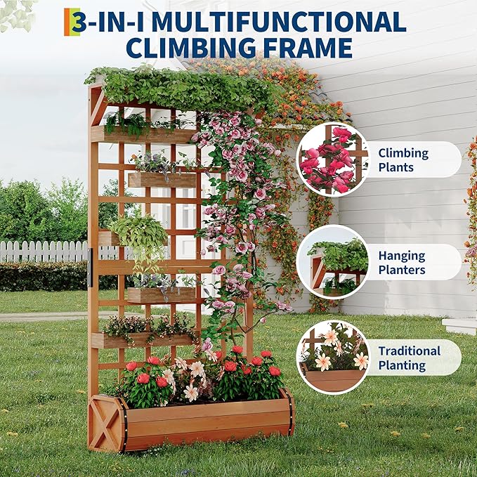 GarveeLife 67 h Raised Garden Bed with Trellis &amp Roof - Wooden Planter Box with Drainage Freestanding Outdoor Garden Box for Climbing Vines Vegetables Flowers - Perfect for Yard Patio Balcon