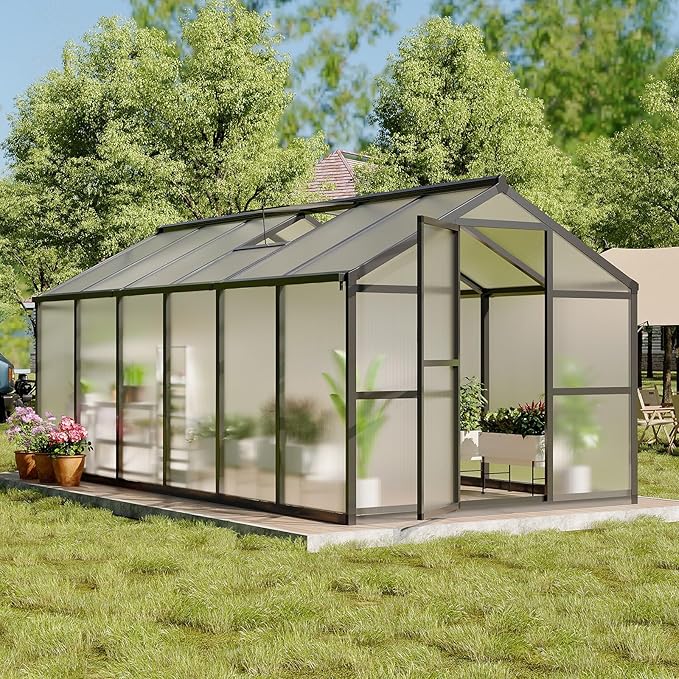 8x10 FT Greenhouse Greenhouses for Outside Polycarbonate Greenhouse with Aluminum Frame Lockable Door and Ajustable Roof Vent for Backyard Green Houses for Outside Garden Backyard Patio
