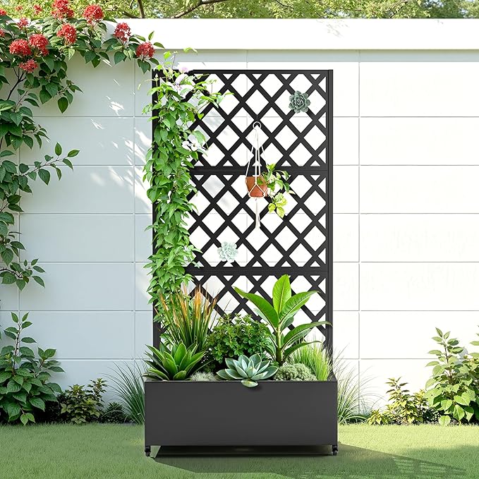 Metal Raised Garden Bed with Trellis and Wheels 2 in 1 Trellis with Planter Box &amp Privacy Screen for Climbing Plants Outdoor Standing Flower Beds with Drainage Holes 35.4L x 15.7W x 70.9H B