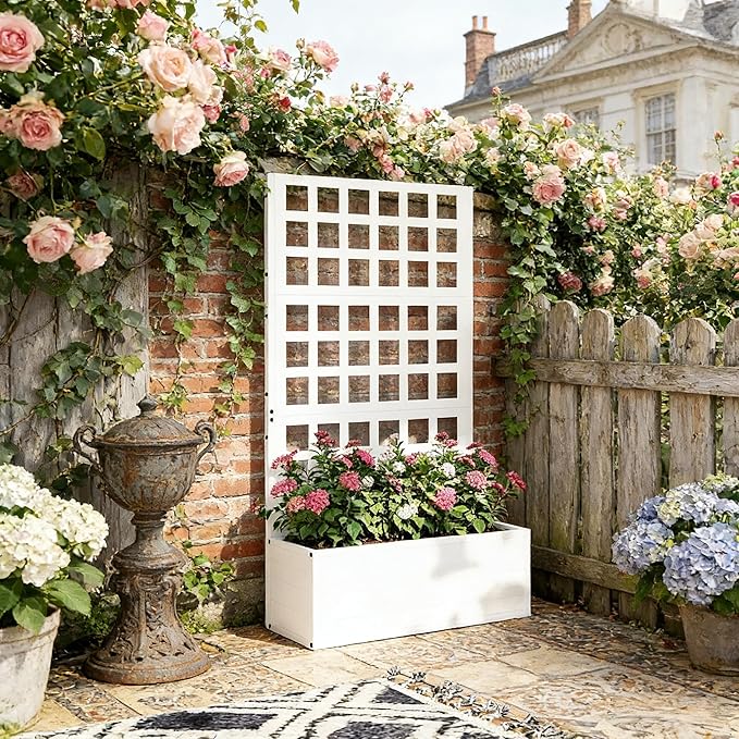 Galvanized Steel Raised Garden Bed with Trellis - Heavy-Duty Metal Planter Box for Vegetables &amp Climbing Plants Weather-Resistant Outdoor Vertical Garden Kit (White)