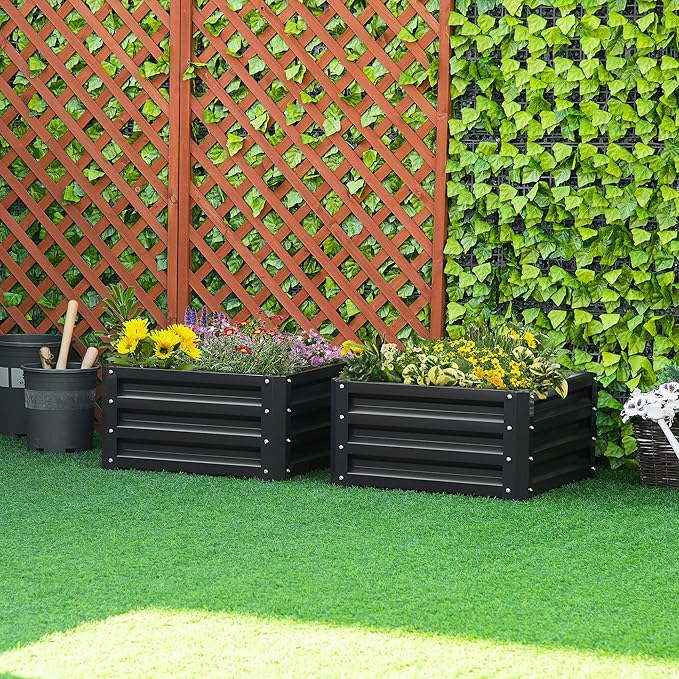 2 Piece Galvanized Raised Garden Bed 2' x 2' x 1' Metal Planter Box for Growing Vegetables Flowers Herbs Succulents Gray