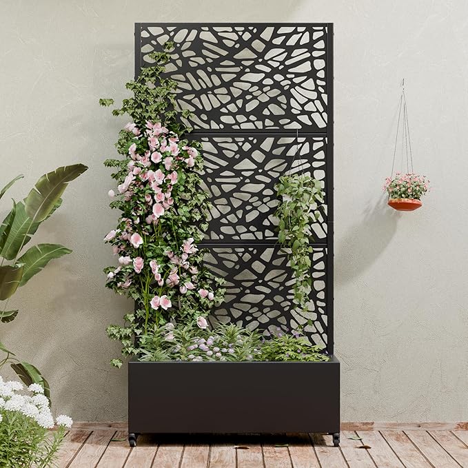 Casaphoria Metal Raised Garden Bed with Trellis and Wheels 72x35x16 Planter Box for Climbing Plants Vegetables &amp Vines Features Drainage Holes and Privacy Screen (Black-Net)