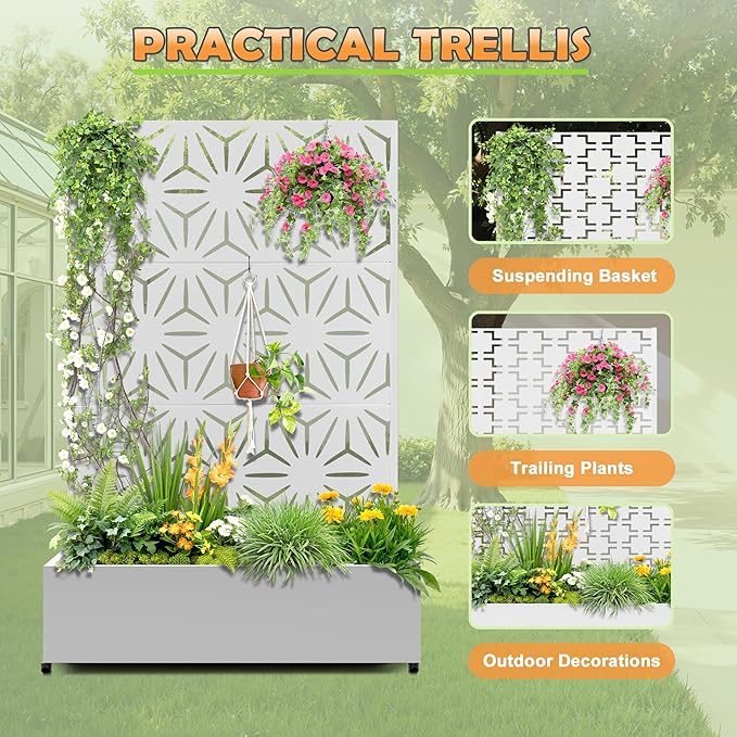 Metal Raised Garden Bed with Trellis 2 in 1 Trellis with Planter Box &amp Privacy Screen for Climbing Plants Vine Outdoor Standing Flower Beds with Drainage Holes47.2L x 16.7W x 70.8H(White-S
