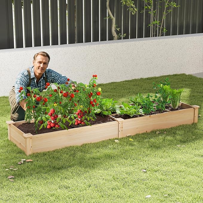 HAPPYGRILL Raised Garden Bed Wooden Planter Raised Bed w/2 Garden Boxes 7 Compartments DIY Painting Available Elevated Planter Box for Patio Garden Backyard Lawn Gardening 90” x 25” x 10”
