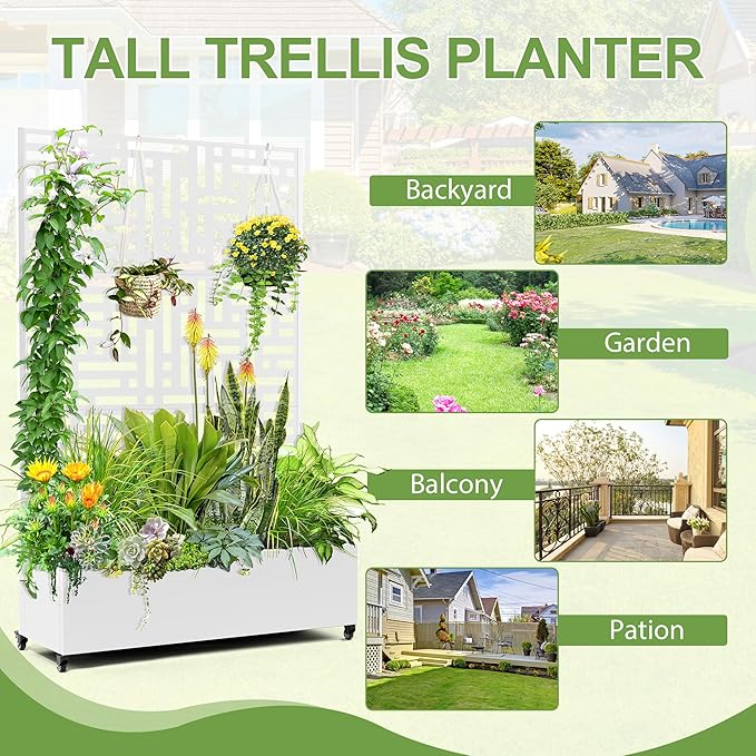 Raised Garden Bed with Trellis and Wheels73x47x16 Metal Raised Garden BedWhite Modern Metal Planter with Climbing Trellis for Vines &amp Vegetables