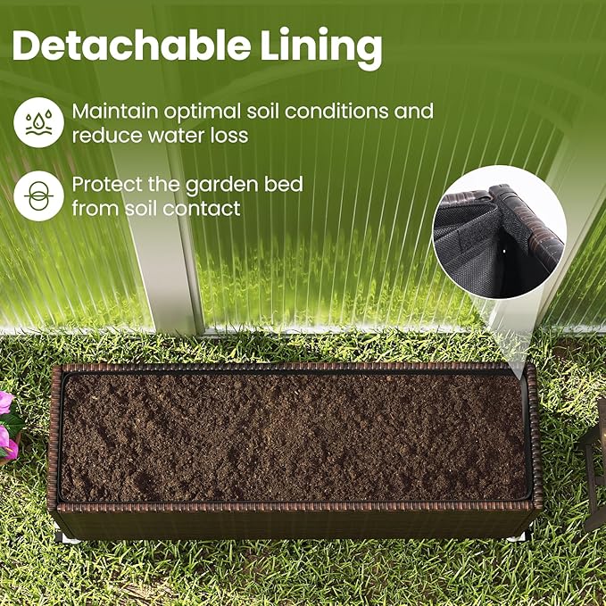Raised Garden Bed with Wheels - All-Weather PE Rattan Wicker Elevated Garden Bed with Removable Liner &amp Lockable Wheels Indoor Outdoor Planter Box for Vegetable Flower Herb Fruit (1)