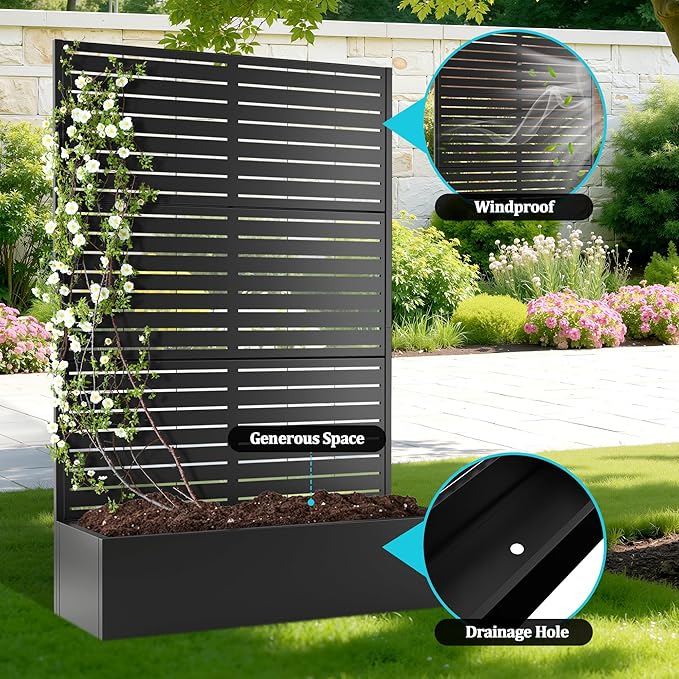 Metal Planter Box with Trellis Planter Box with Privacy Screen Privacy Trellis Outdoor for Climbing Plants with Drainage Holes Raised Garden Bed for Vegetables