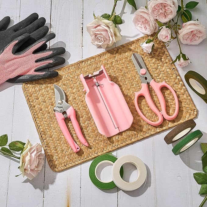 9 Pcs Rose Thorn Remover Set Include 1 Flower Thorn Stripper Tool 5 Floral Tape 1 Flower Scissor 1 Curve Gardening Scissors 1 Pair Gardening Gloves for Valentine Women Mother Gift (Pink)
