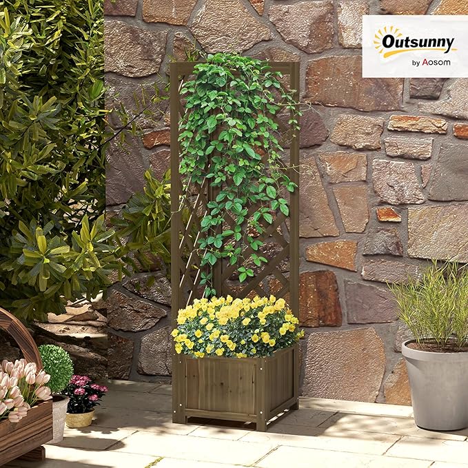 Outsunny Wooden Raised Garden Bed with Trellis 57 Freestanding Corner Planter Box for Vine Plants Flowers Climbing and Planting Carbonized