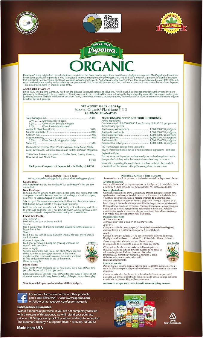 Espoma Organic Plant-Tone 5-3-3 Natural &amp Organic All Purpose Plant Food 36 lb. Bag The Original Organic Fertilizer for All Flowers Vegetables Trees and Shrubs