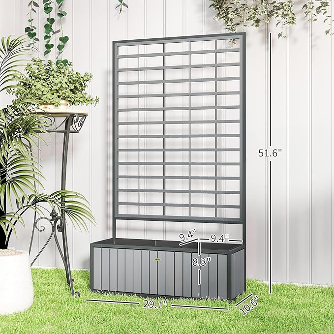 Outsunny Wooden Raised Garden Bed with Trellis Removable Pots Drainage Holes for Climbing Vines Vegetables Flowers Raised Planter Box for Backyard Patio Balcony 29 x 11 x 52 in. Gray
