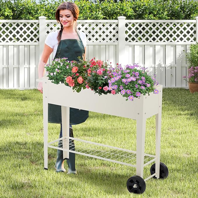 DDK Outdoor Heavy Duty Metal Raised Garden Bed with Legs (Milk White)