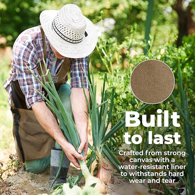Soil &amp Sun Gardening Apron with Pockets and Harvesting Pouch - Durable Canvas Design for Men and Women - Convenient Tool Storage and Effortless Harvesting (Dark Beige)