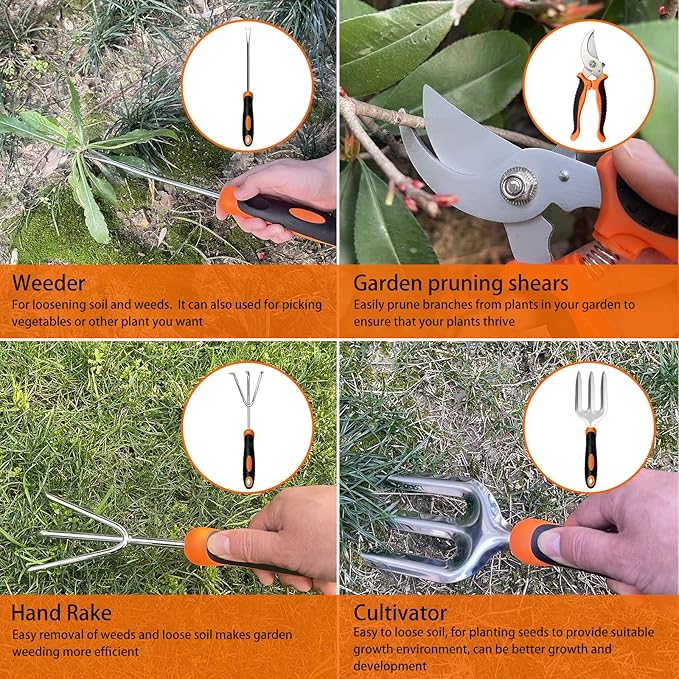Gardening Tools10PCS Stainless Steel Heavy Duty Garden Tool SetNon-Slip Ergonomic Handle and Outdoor Garden Shovel with Storage Gardening KitGarden Gifts for Women and Men