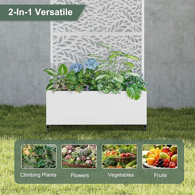 Metal Standing Planter Box with Trellis Privacy Planter for Patio Outdoor Raised Garden Beds with Trellis for Climbing Plants Garden Boxes with Wheels &amp Drainage Holes (35L White Spring)