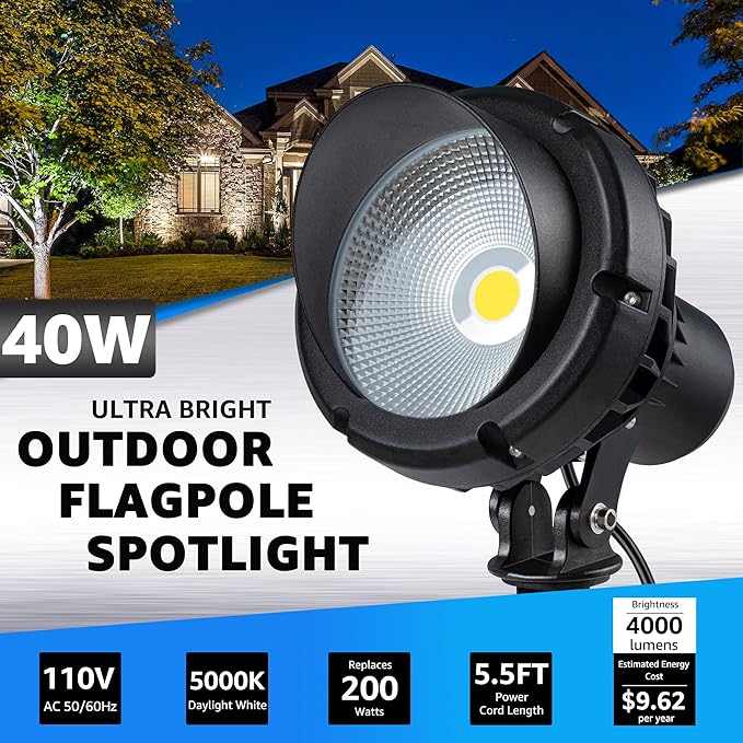 SUNVIE LED 40W Spot Lights Outdoor 5000K Daylight White Plug in Flag Pole Light 120V Ultra Bright Landscape Spotlights for Yard House Tree Lawn Signage Outdoor Spotlight with Stake &amp 5.5FT Cord