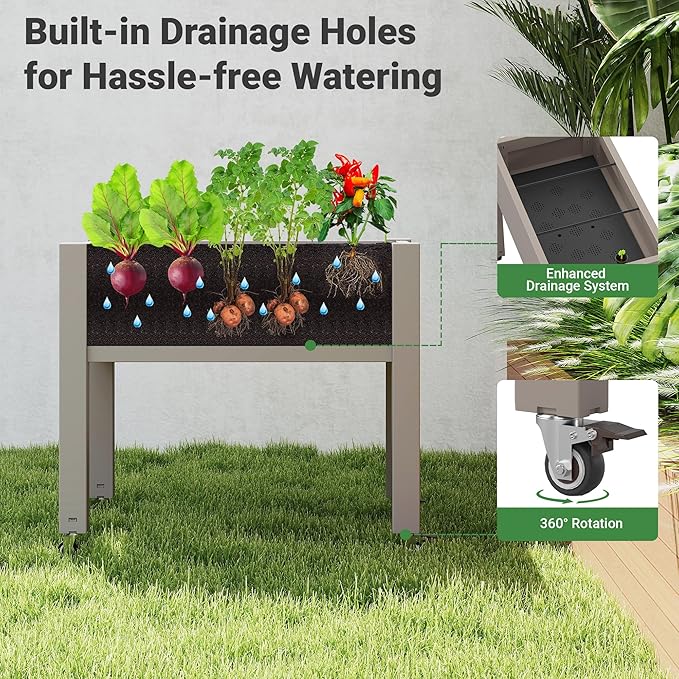 Raised Garden Bed with Wheels - Outdoor Mobile Elevated Resin Planter Box with Drainage Holes for Vegetables Flower Herbs (1 Pack Gray)