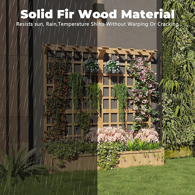 2 Tiers Wood Planter Box &amp Trellis 44.4'' x 16.2'' x 63'' Outdoor Elevated Bed Wooden Garden Bedding Hanging Roof with Climbing Trellis for Garden Balcony Yard Patio (8 Single Drainage Holes)