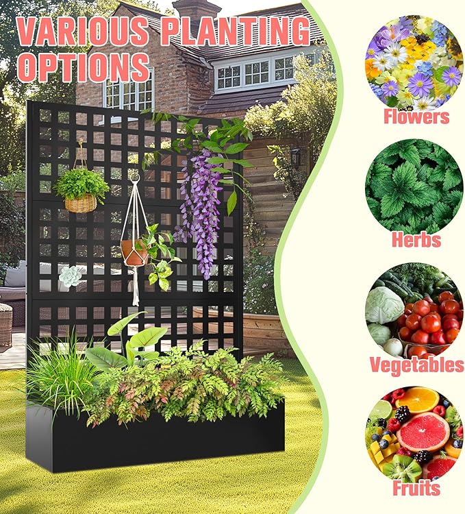 Metal Planter Box with Trellis Raised Garder Bed with Drainage Hole Privacy Screen &amp Trellis for Climbing Plants Outdoor Plant Stands 47''L×17''W×71''H Black