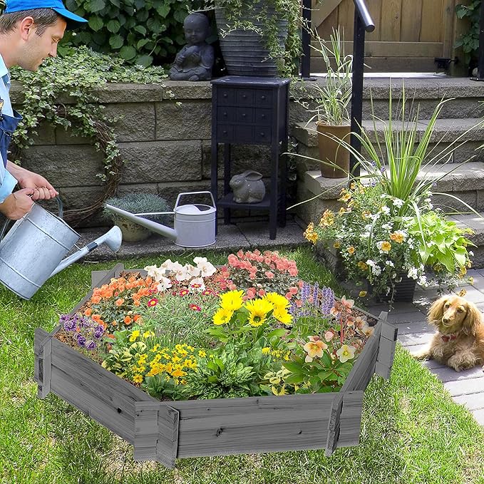 Outsunny Wooden Raised Garden Bed Hexagon Screwless Outdoor Planter Box Plants Vegetables Flowers Herbs 39 x 36 x 6 Gray