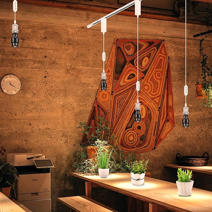 Adjustable Height J-Type Track Light Pendants 24 H Timer 4500K 10W LED Full Spectrum Silver Industrial Porcelain Lamp Holder AUTO Plant Growing Lamp for Kitchen Island Green House
