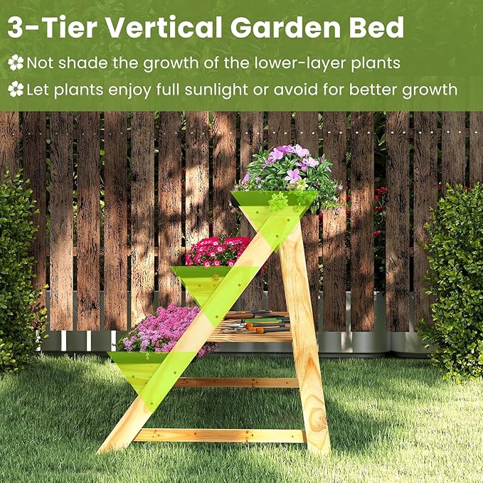 HAPPYGRILL 3-Tier Wooden Raised Garden Bed Elevated Planter Box Kit with Legs &amp Liners for Flower Herb Vegetable Indoor Outdoor Vertical Raised Bed for Gardening Patio Balcony Greenhouse