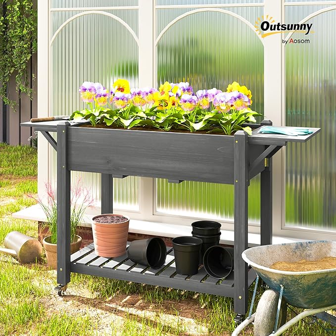 Outsunny Raised Garden Bed 57 x 20.5 x 34 in Wood Elevated Planter Box with Lockable Wheels Side Tables and Bottom Shelf Outdoor Raised Planter with Bed Liner and Drainage Holes Gray